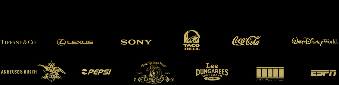 Logos of companies partnered with David McLane Enterprises including Tiffany & Co., Lexus, Sony, Taco Bell, Coca-Cola, Walt Disney World, Anheuser-Busch, Pepsi, MGM, Lee Dungarees, CMG Worldwide, and ESPN