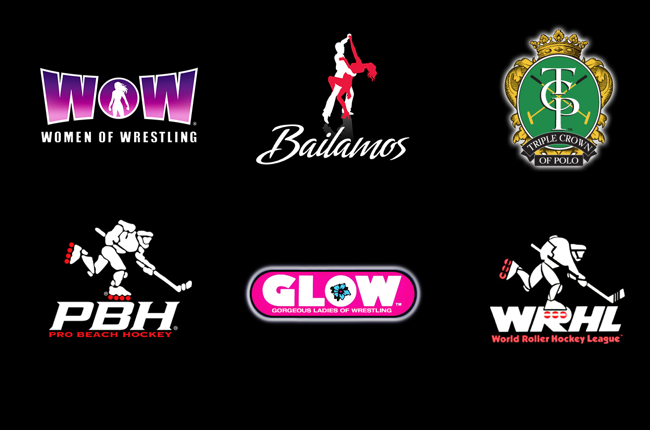 Logos of David McLane Enterprises properties including WOW, Bailamos, Triple Crown of Polo, PBH, GLOW, and WRHL